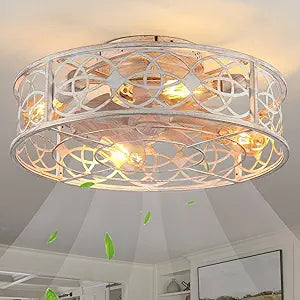 20"Caged Ceiling Fans with Lights Remote Control Industrial Low Profile Flush Mount Ceiling Fan,Farmhouse Bladeless Small Ceiling Fan with Light 4 Bulbs 6 Speed Reversible for Kitchen,Bedroom