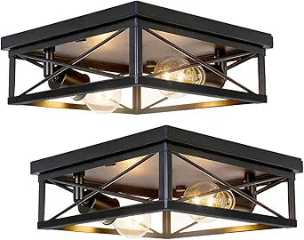 2-Pack Farmhouse Black Flush Mount Ceiling Lights, Industrial Square Metal Cage Light fixtures for Bedroom Hallway Kitchen Balcony Porch Stairway