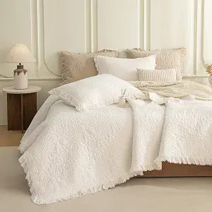 QSH 3PCs Milk White Ruffled Quilt Queen Size (90"x98"),Stonewashed Cotton Quilt Set,Soft Lightweight Crinkled Bedspread Coverlet Queen Shabby Farmhouse Chic Bedspreads Bedding Set with Pillow Shams