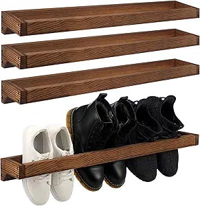 Wenqik 4 Pcs Wall Mounted Wooden Shoe Rack 30 Inch Rustic Wood Wall Hanging Shoe Rack Space Saving Footwear Holder Shoes Storage Organizer for Mudroom, Entryway, Closet (Burnt Wood)