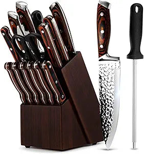 Kitchen Knife Sets with Block, 15-Piece High Carbon Stainless Steel Knife Block Set with Sharpener, Ultra-Sharp kitchen knives with Triple Rivet Wood Handle Perfect for Cooking Cut
