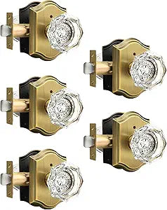 Gobrico Interior Door Locksets in Antique Brass,Octagonal Crystal Doorknobs for Bed/Bath,Privacy Function Door Handles,Push Pin Inside Lock,5 Pack