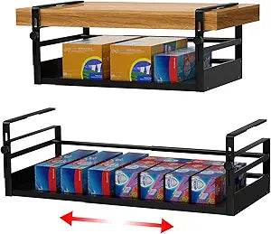 AmonHouseware 2Pack Under Shelf Basket Organizer, Adjustable Under Cabinet Shelf Storage, Hanging Holder Length Stretchable 13-21Inch for Kitchen Pantry Desk Counter Bookshelf Cupboard (Black)