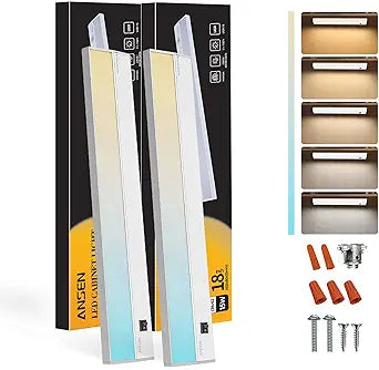 Ansen 2Packs of Under Cabinet Lighting Hardwired, 18in 15W 998LM Dimmable Led Light for Kitchen/Closet, CRI 92+, R9 90+, 5 Color Temperature, 2700K-5000K(Warm White, Cool White, Daylight)