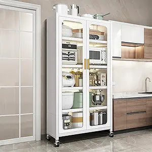 LUMISOL 65 Kitchen Pantry Cabinet, Metal Display Storage Cabinet with Transparent Door, Adjustable Shelves and Wheels for Kitchen, Living Room, Dining Room, White