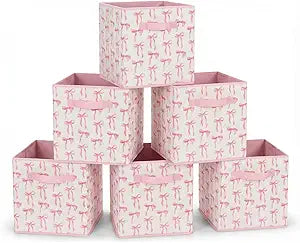 6 Pcs Pink Bow Cube Storage Bins 12.5 Inch Pink Storage Basket with Handle, Preppy Girls Organizer Basket, Collapsible Fabric Box for Classroom Bedrooms Office Home Decoration (Bow)