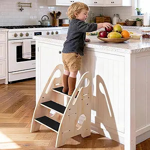Toddler Step Stool, Wooden Height-Adjustable 3-Step Stool for Kids, Potty Training Stool with Handles and Non-Slip Pads for Bathroom Sink, Kitchen, Bedroom