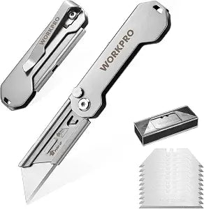 WORKPRO 2PCS EDC Folding Utility Knife, Mini Box Cutter with Quick Open Axis Lock, Quick Change Blade Razor Knife, Foldable Small Pocket Knife with Belt Clip, 2 Packs with 10 Extra Blades