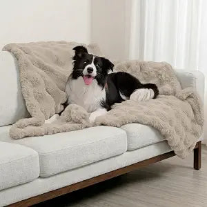 Paw Inspired Waterproof Dog Blanket, Soft Faux Fur Throw with Fur-Resistant Fleece, Washable Pet Blanket, Waterproof Protection for Couch, Bed, Furniture, Crate, Car (60x50, Tan)