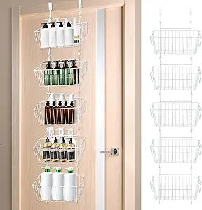 Over The Door Organizer  5 Removable Hanging Baskets, Back of Door Storage for Bathroom, Kitchen, Pantry & Garage, No Tools Needed, 3 Installation Methods (Wall/Door Mount) White