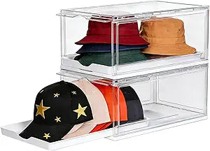novelinks 2 Pack Plastic Clear Hat Organizer and Hat Storage for Baseball Caps, Fitted Hat Container Storage & Hat Organization, Cap Storage Organizer with Sliding Tray and Magnetic Door for Closet