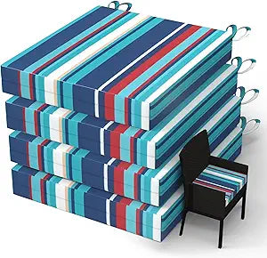 WOLKI Outdoor Cushions for Patio Furniture Set of 4, 18.5 x 16 x 3 Pinstripe Blue Waterproof Seat Cushions Thick Chair Pads for Garden, Patio(Square Corner)