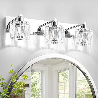 VOLISUN Crystal Vanity Lights for Bathroom, 3 Light Modern Stainless Steel Chrome Bathroom Vanity Light Fixture Over Mirror - UL Certificated (Bulb Not Included)