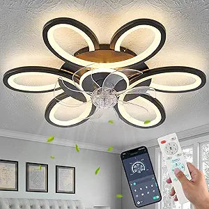 Black-Star Ring Ceiling Fans with Lights and Remote, 27 Inch Modern Low Profile Flush Mount Ceiling Fan, Dimmable LED Ceiling Light Fixture, Small Ceiling Fans for Bedroom, Kitchen, Indoor-Black