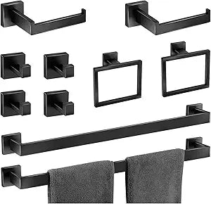 Bathroom Hardware Accessories Set 10 Pieces Matte Black Towel Bar Set 24 Inch, Towel Rack Rings Stainless Steel Bath Coat Hooks Wall Mounted Toilet Paper Holder
