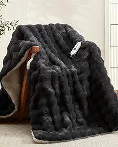 GarveeHome Heated Blanket Throw Faux Fur, Soft Electric Throw with 4 Heat Settings & Auto Shut-Off, Bubble Heating Blanket for Home Couch and Bed, Dark Grey