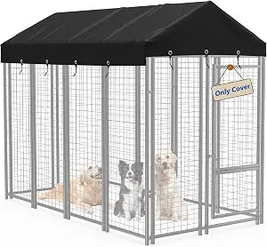 Outdoor Dog Kennel Cover 8'D x 4'W Black Dog Kennel Replacement Top Cover Waterproof Windproof Anti-UV Compatibe for Multiple Brands of Dog Cages (Without Frame)