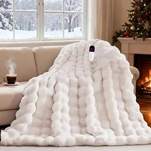 Heated Blanket Throw with 6 Fast Heating Levels,4 Hours Auto-Off,50x60 Cozy Faux Rabbit Fur Bubble Washable Electric Blanket with Overheating Protection,ETL CertificationCream