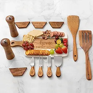 Luxury Kitchen Gift Set for Housewarming  Marble Cheese Board, Acacia Wooden Grinders, Cheese Knives & Utensils, Coaster Set  Elegant Charcuterie & Cooking Gift Box for Women, Couples, New Home