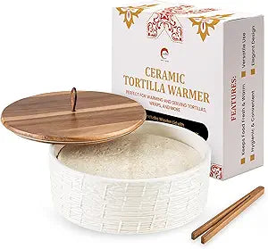 Ceramic Tortilla Warmer with Airtight Wooden Lid  8.8 Inch Tortilla Holder, Insulated Bread Pancake Warmer, Authentic Tortillero for Tortillas, Pancakes, Roti  Large Tortilla Container