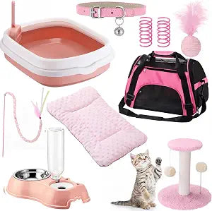 Eccliy Kitten Starter Kit, 10 Pcs Cat Starter Kit for Indoor Cats Kitten Essentials Includes Litter Box, Pet Toy, Folding Carrier, Climbing Frame, Mat, Collar, Automatic Food Bow(Classic,Pink)