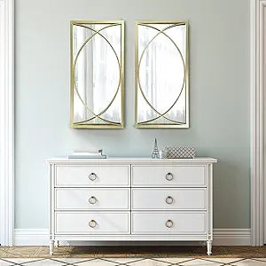 Gold Rectangle Wall Mirror with Metal Frame,Decorative Wall Mirror Set,Hanging Mirrors for Living Room Bedroom Bathroom Entryway,Pack of 2 16"X32"