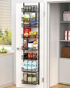 VyGrow 12.3" W Narrow Over the Door Pantry Organizer, 8-Tier Over the Door Organizer with Adjustable Basket, Pantry Door Organization for Pantry Kitchen Storage Room Spice Rack, Black
