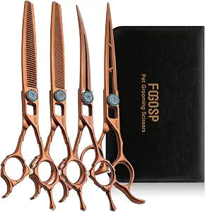 7.5'' Dog Grooming Scissors Set 4PCS Curved Thinning Straight Chunkers Shears Kit with Hollow Out Design Ergonomic Offset Handle High Cobalt Alloy Steel Sharp and Durable(7.5, Chocolate Kit)