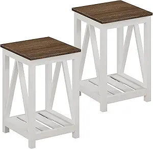 ChooChoo Farmhouse End Table, Rustic Vintage End Side Table with Storage Shelf for Small Spaces, Nightstand Sofa Table for Living Room, Bedroom White 2 Pack