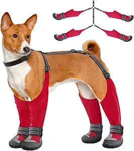 Idepet Dog Suspender Boots, Tall Dog Boots Anti-Slip & Fall Waterproof Shoes Leggings, Adjustable Suspender Boots for Winter Snow Rain Hiking Paws Protector (Red, 2)