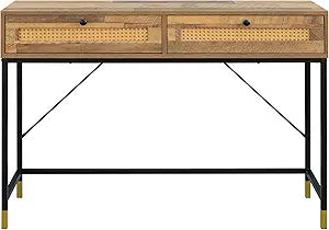 GIA Home Furniture Series Mid Century Console Table Rattan Crafted Drawers,Wood and Metal Computer Desk Installed,Salmon Oak Finishing,Black Metal Leg.