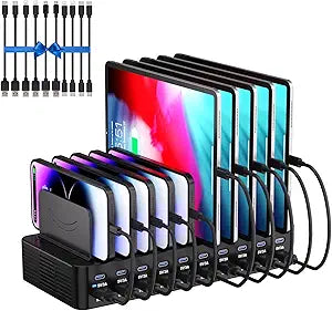 270W Charging Station for Multiple Devices, 20-Port USB Fast Charging Station with Adjustable Dividers & 10 Cables, Multi Device Organizer Charging Dock for iPhone, iPad, Tablets & More(Black)