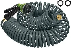 Coil Hose 75FT EVA Coil Garden Hose With 3/4'' Brass Connector Coiled Water Hose Lightweight And No Kink Includes 7 Patterns Spray Nozzle For Outdoors Lawn Watering Car Washing