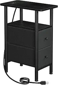 LOAKEKEL Narrow End Table Living Room with Charging Station, Skinny Side Table with Fabric Drawers, Slim Nightstand for Bedroom, Small Spaces, Couch, Black, HETNDP02BK-1