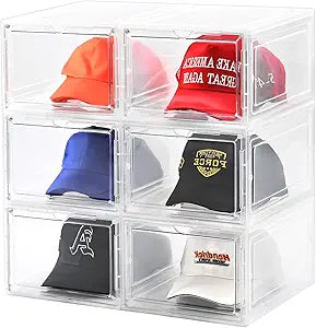 Hat Organizer Box,Stackable Clear Baseball Caps Holder Box Containers with Magnetic Door for Hats Snapback Cap Storage,Clear Hat Storage with Magnetic Door, Holds 60 Hats(clear, 6 pack)