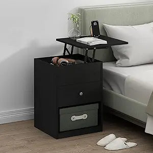 Furinno Jensen Night Stand, Lift-Top Nightstand with Drawer, Bedside Table, End Table, Side Table with Storage Shelf, Knob Handle Drawer, for Bedroom, Closet, Dorm, Dark Americano