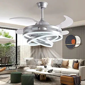 DatingDay 42" Invisible Ceiling Fan Chandelier Light,Modern DIY Ceiling Fan Light Remote Control 4 Retractable ABS Blades for Bedroom Living Dining Room Decoration