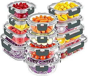 VERONES 12 Packs Glass Food Storage Containers Set, Airtight Glass Lunch Containers, Glass Meal Prep Containers with Lids,Exclusive of BPA, for Microwave, Oven, Freezer & Dishwasher Friendly,Grey