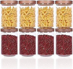 SAIOOL Stackable Kitchen Canisters Set of 8,High Borosilicate Glass Cylinder Airtight Food Storage, sort out the tea, flour, candies, grain easily and clearly