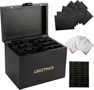 Large Bamboo Greeting Card Organizer Box with 6 Removable Dividers, Real Leather Handle, 100% Handmade Solid Bamboo, Storage Box for Christmas, Valentine, & Birthday Cards, Postcards, Stationery& More
