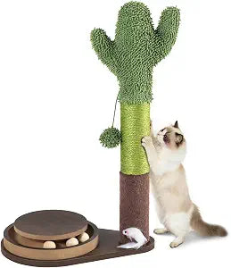 24" Cactus Cat Scratching Post, Natural Sisal Scratcher with Interactive Track Ball & Hanging Toys, Stable Anti-Tip Wooden Base Modern Cat Scratcher for Small & Medium Indoor Cats & Kittens
