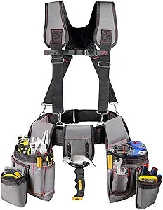 Tool Belt with Suspenders, Professional Tool Belt for Men, 18-Pocket Adjustable Heavy Duty Tool Organizer for Electrician, Carpenter, Framer, Construction Worker, Gray & Orange (32''66'')