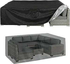 KANAGAWA Rectangular Patio Furniture Covers,111"(L) x 74"(W) x 40"(H) Heavy Duty Table and Chairs Cover,Anti-Fading Outdoor Waterproof 420D Furniture Cover with UV Resistant,Black