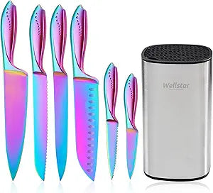 WELLSTAR Rainbow Knife Set - 7-Piece Iridescent German High-Carbon Stainless Steel Kitchen Knives with Universal Knife Block, Colorful Kitchen Cutlery for Cooking and Food Prep