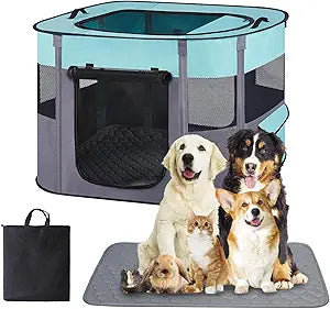 Pet Dog Cat Playpen with Waterproof Pad,Portable Puppy Kitten Rabbit Crate and Other Small Animals Kennel Cage Tent for Indoor Outdoor Travel Camping,Water-Resistant Breathable Shade Cover (Green S)
