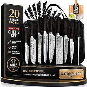 Japanese Kitchen Knife Set with Bag, 20-Piece Professional Chef Knife Set, High Carbon Stainless Steel Knives, Travel Case and Cutting Board, Complete Cooking Set