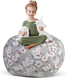 Creative QT Stuff n Sit Extra Large 38 Bean Bag Storage Cover for Stuffed Animals & Toys, Giant Beanbag Chair for Kids Ages 3-14, Bedroom Organizer, Grey Floral