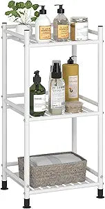 3 Tier Bathroom Storage Open Shelf Unit, Free-Standing Metal Corner Rack Shelving for Kitchen, Living Room, Hallway (Matte White, 3 Tier)