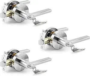 3 Packs Round Entry Door Lever for Office/Front Door with Same Keys,Keyed Alike Exterior Door Handle Lock,Heavy Duty Doorknob Interior Bedroom,Reversible for Left Right Side,Brushed Nickel