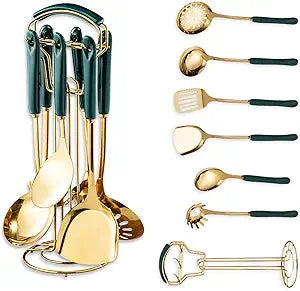 Gold Kitchen Utensils,7 Pieces Cooking Utensils Set,Kitchen Tools Set With Utensil Holder, Gold Kitchen Accessories, Dishwasher Safe, Easy To Clean (Green)